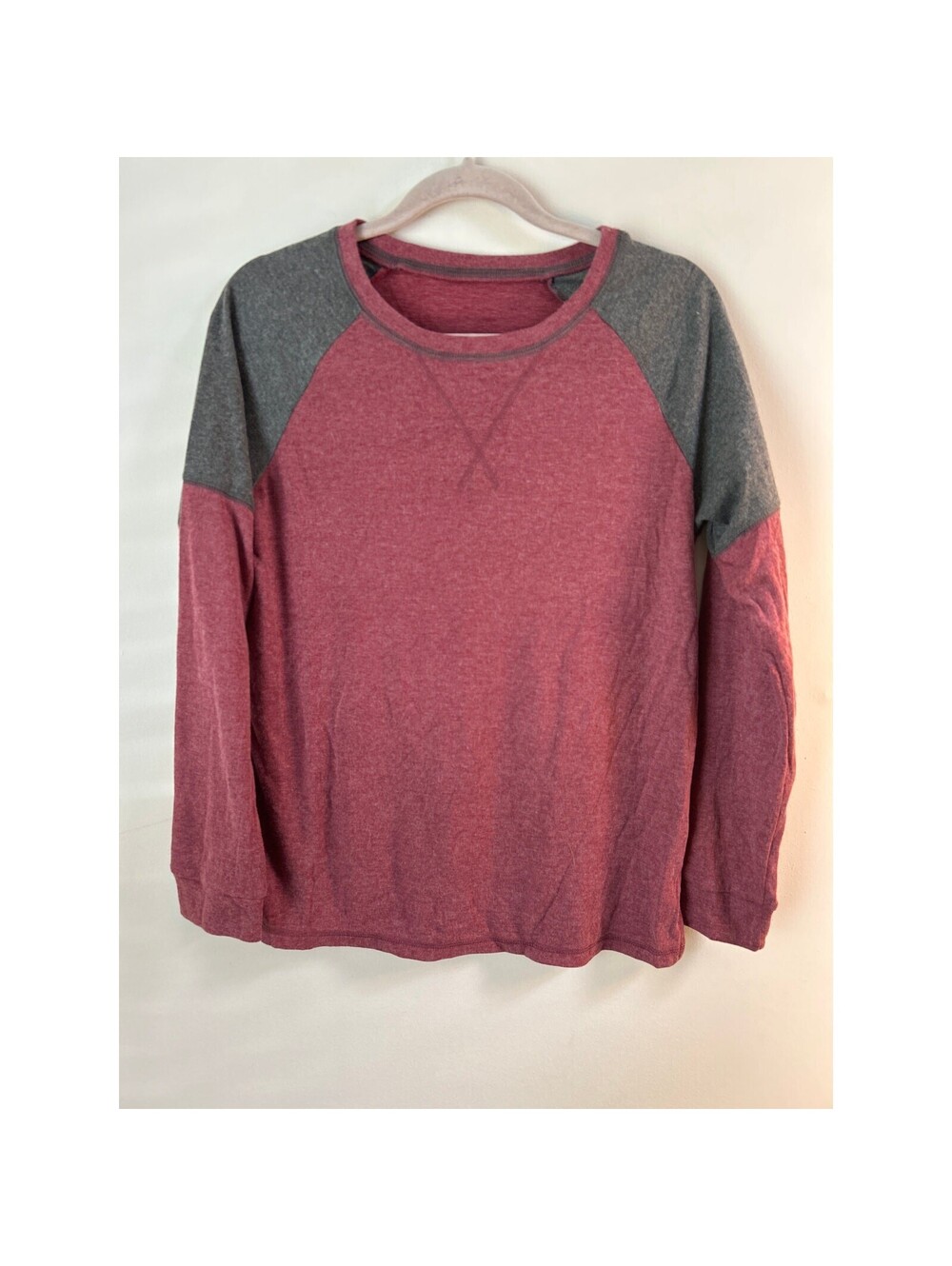 Women's Small Burgundy Gray Colorblock Raglan Long Sleeve Pullover Casual Top